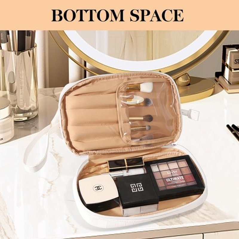 Abiudeng Large Makeup Bag,Double Layer Cosmetic Bag,Travel Makeup Bag,Leather Makeup Bag, Cosmetic Travel Bags,Portable Leather Toiletry Bag,Roomy Cosmetic Bag for Women and Girls