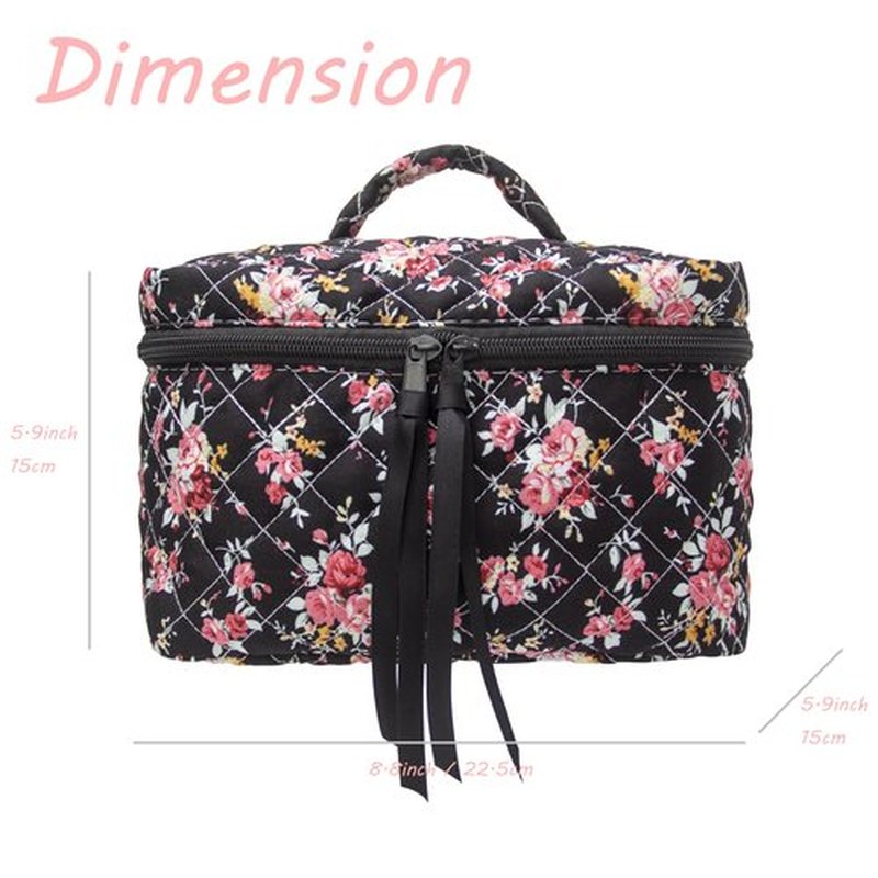 PAZIMIIK Cotton Makeup Bag for Women Large Quilted Travel Cosmetic Case Girls' Make Up Organizer,Rose Black