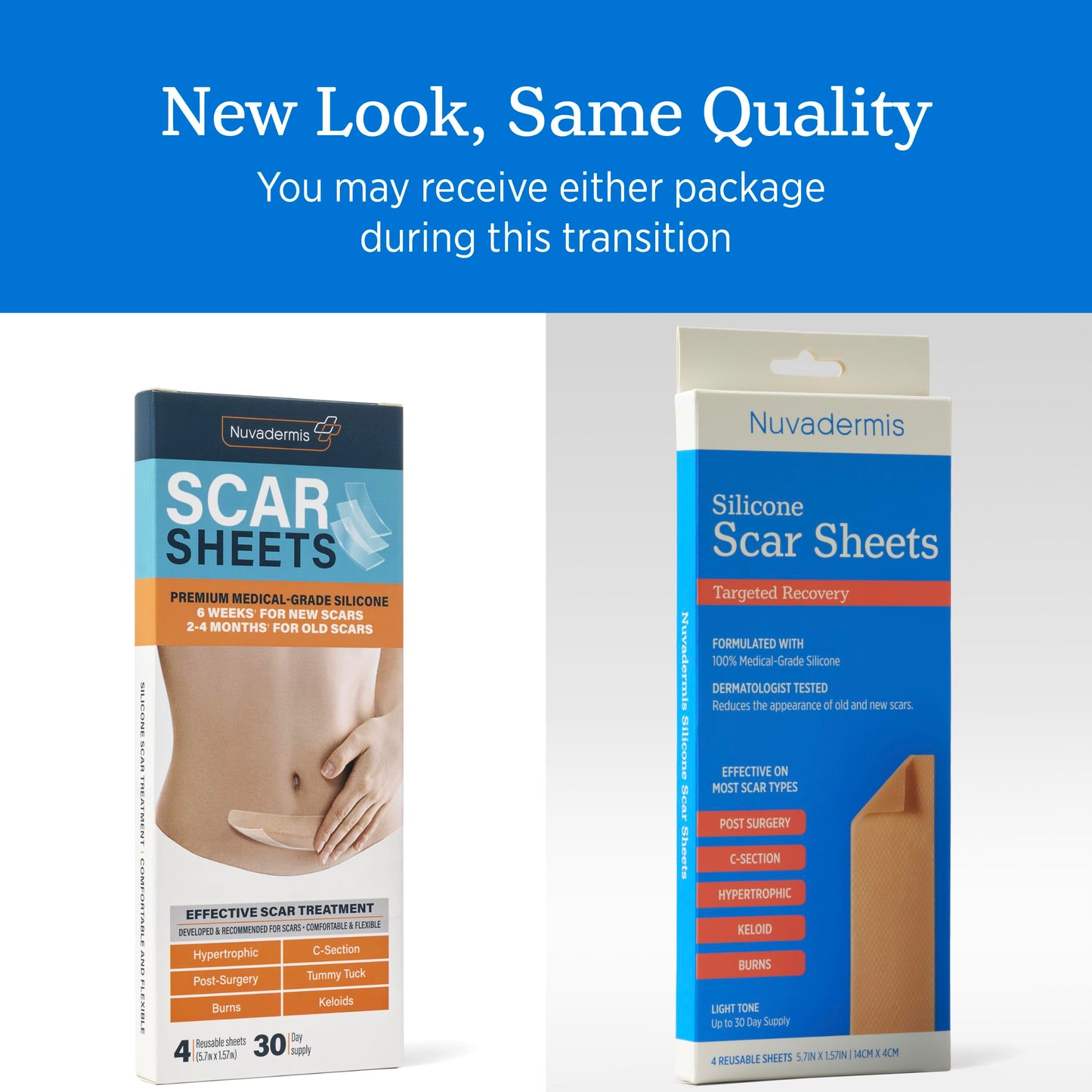 NUVADERMIS Silicone Scar Sheets - Extra Long Scar Sheets for C-Section, Tummy Tuck, Keloid, and Surgical Scars - Reusable Medical Grade Silicone Scar Sheets - Pack of 4 - Light Tone