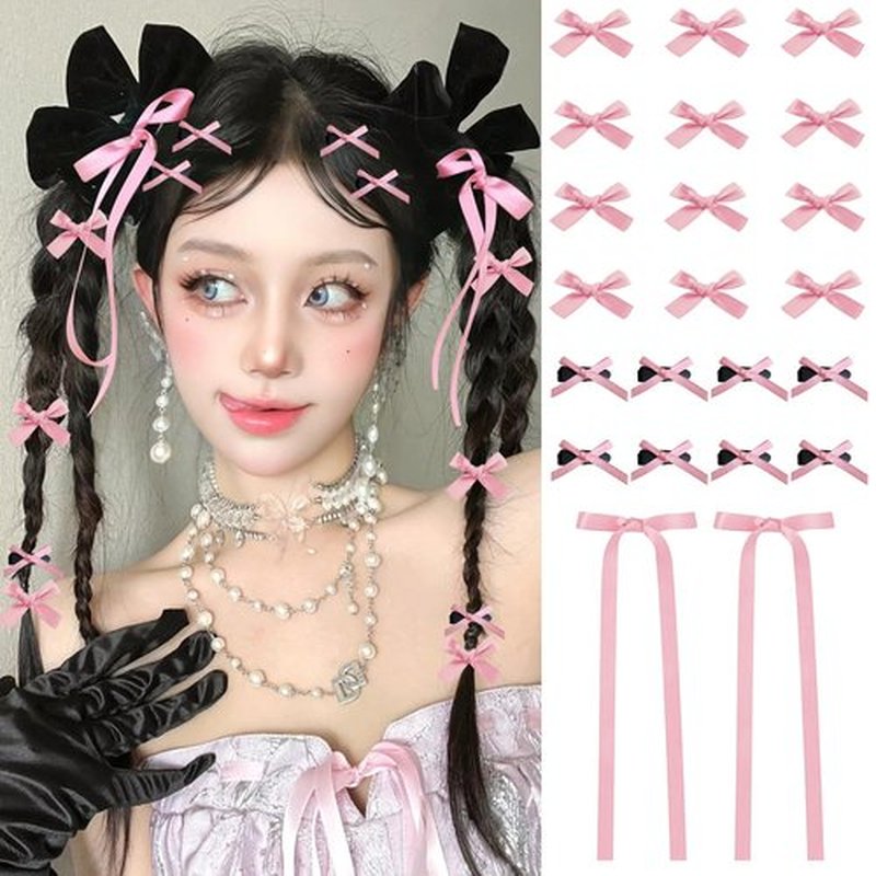 Mini Hair Bows for Women Girls Cute Hair Clips Small Alligator Long Tail Hair Ribbon Accessories -3 Styles -22P - Pink