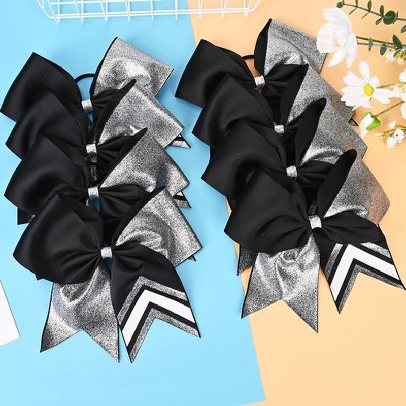 DEEKA 8PCS 8" Two Toned Large Glitter Cheer Bows Shiny Cheer Hair Bows Ponytail Holder Handmade for Cheerleader Girls Softball Sports -g Silver/Black
