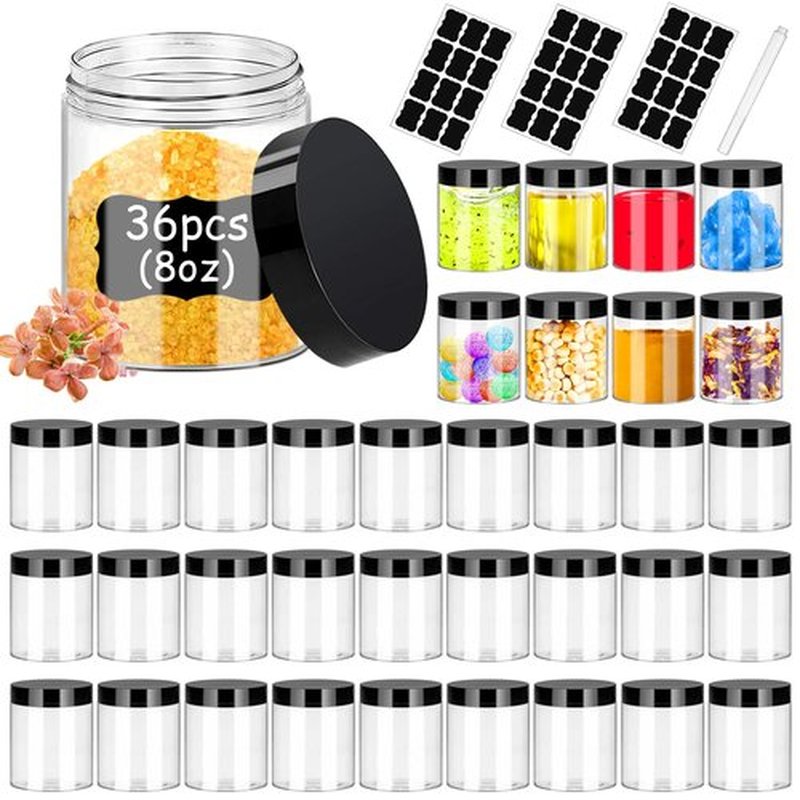 Hajoyful Plastic Jars with Lids 8OZ 36PCS,Small Cosmetic Slime Containers Clear Travel Round Jars Empty Refillable Sample Containers Leak Proof Pot Jars with Black Lids for Lotion, Cream, Cosmetics