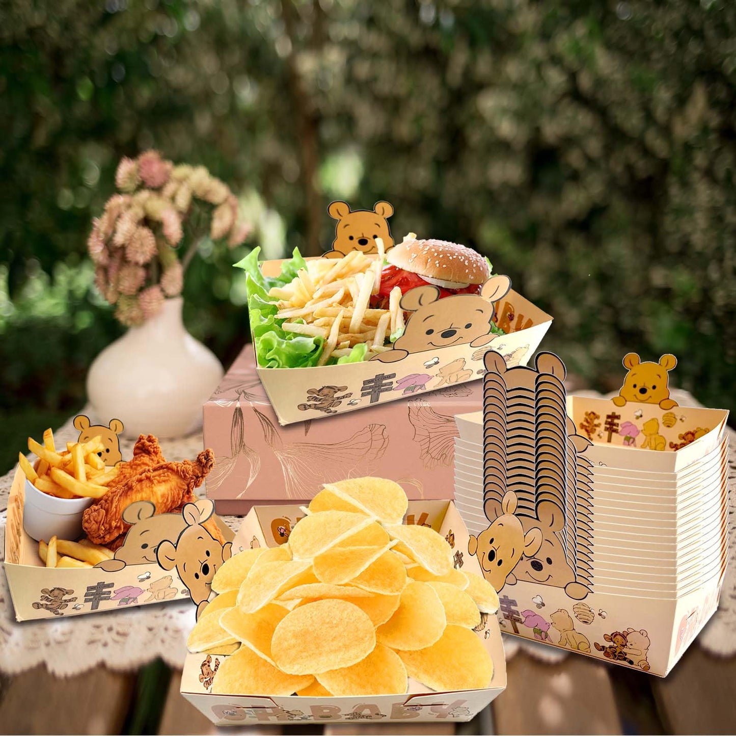 Classic Honey Bear Party Plates - Large Size Winnie Baby Shower Party Favors Paper Food Serving Tray Honey Pooh Bear Baby Shower Decorations Plates Nacho Paperboard Hot Dog Popcorn - 24 PCS
