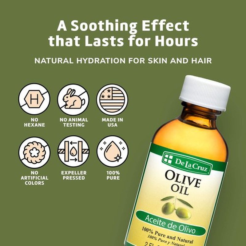 De La Cruz Pure Olive Oil - Natural Expeller Pressed Olive Oil for Hair and Skin - Lightweight Body Oil for Dry Skin 2 Fl Oz (4 Bottles)