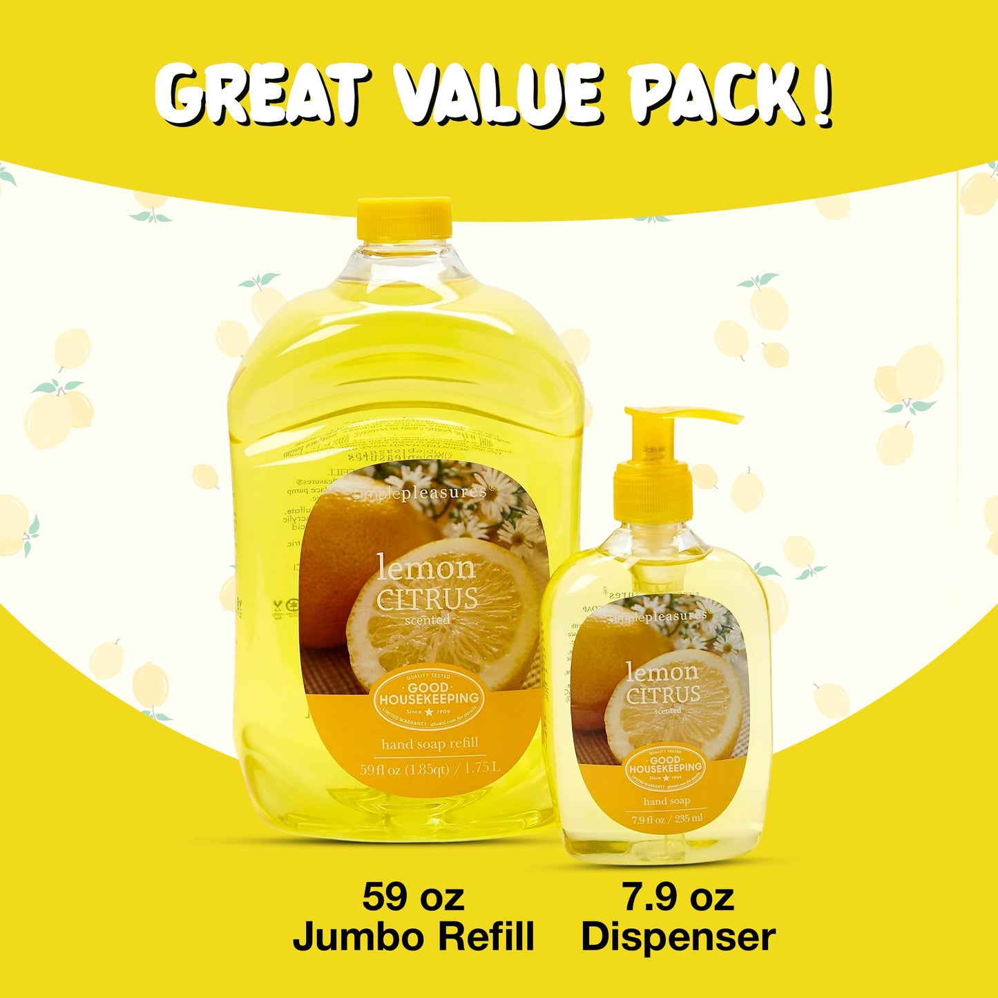 SIMPLE PLEASURES Lemon Citrus Hand Soap Refill Set, 7.9oz + 59oz