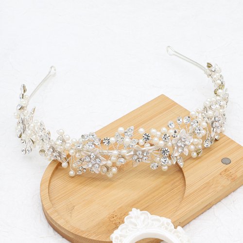 Oriamour Wedding Headbands Bridal Pearl and Crystal Floral Hair Accessories Bridal Headpieces For Bride Women Party Prom (Silver, 18'')