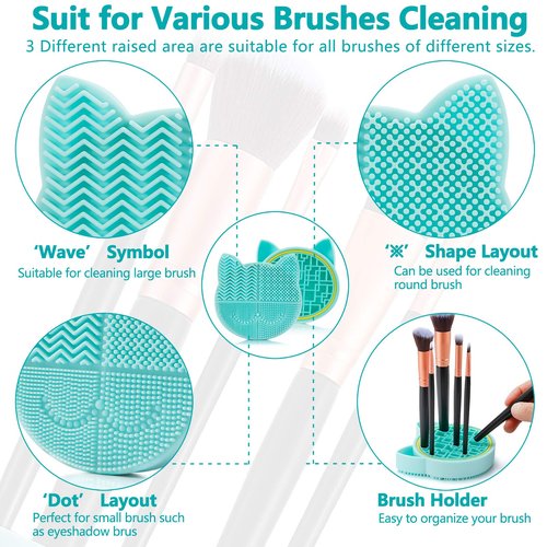TailaiMei 2 in 1 Makeup Brush Cleaning Mat with Brush Drying Holder, Silicon Cat Shaped Brush Cleaner Pad include Cosmetic Brush Organizer Rack, Portable Washing Tool for Makeup (Green)