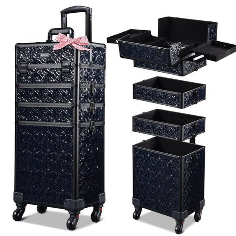 BYOOTIQUE Rolling Makeup Train Case 4in1 Cosmetic Trolley Organizer Travel Case Lockable Salon Barber Case Traveling Cart Trunk with Wheels for Makeup Artist Trave Nail, Mermaid Black