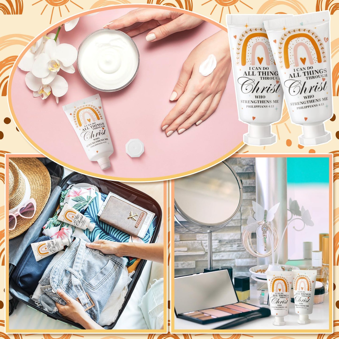 Heigble 50 Pack Christian Hand Lotion Bulk Gifts for Summer Gifts Bible Mini Travel Hand Lotion for Women Church Appreciation(Boho)