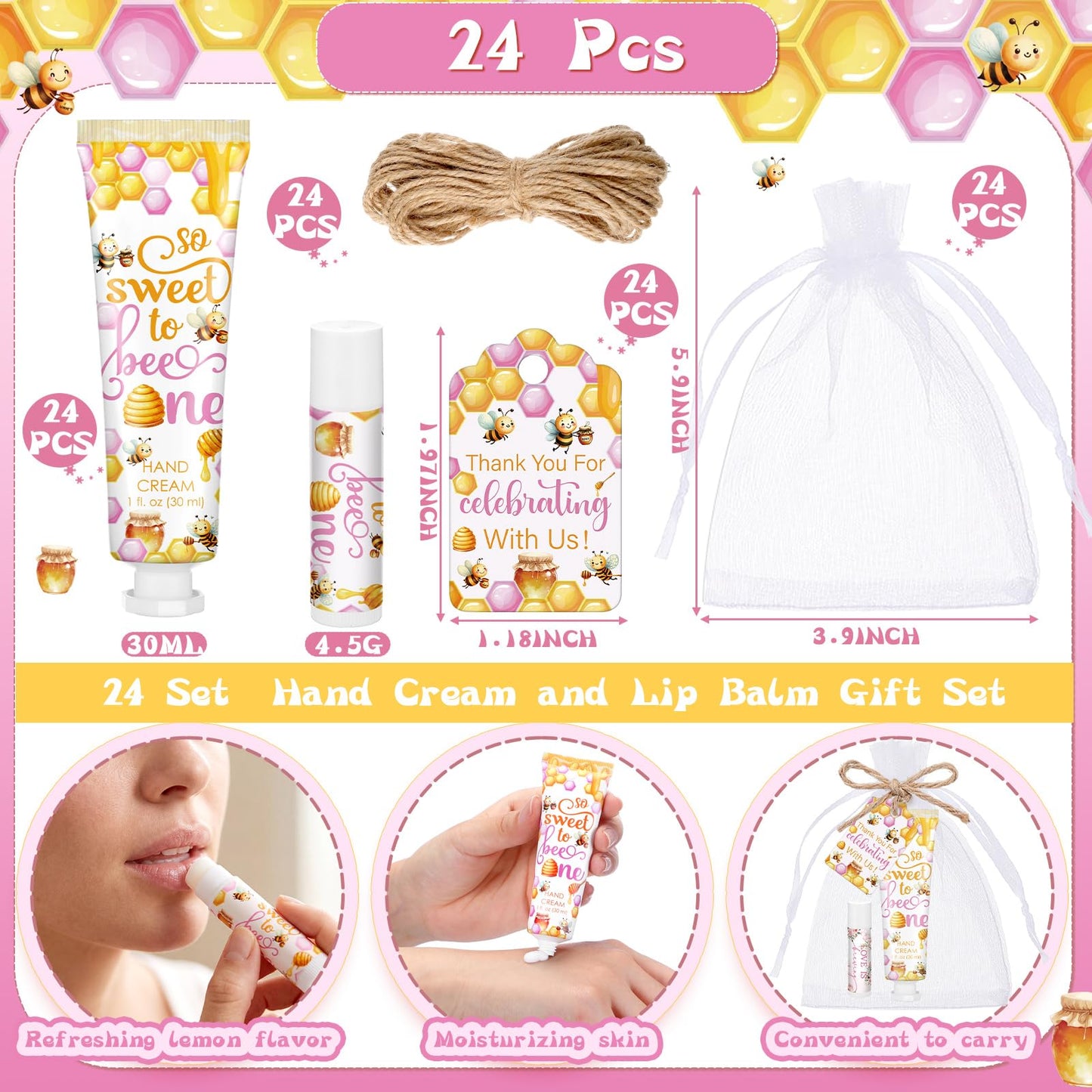 Dansib 24 Sets/96 Pcs Pink Honey Hand Cream and Lip Balm Gift Baby Shower Favors for Guest Thank You for Bee Travel Size Hand Lotion and Lip Balm Bulk Baby Shower Birthday Party Supplies