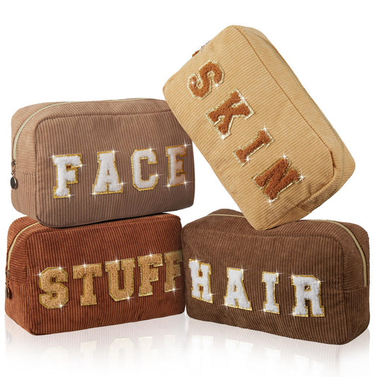 Pinkunn 4 Pcs Preppy Makeup Bags Chenille Letter Bag Face Skin Hair Stuff Corduroy Cosmetic Makeup Pouch with Zipper wedding Birthday Gifts for Women(Earthy Color)