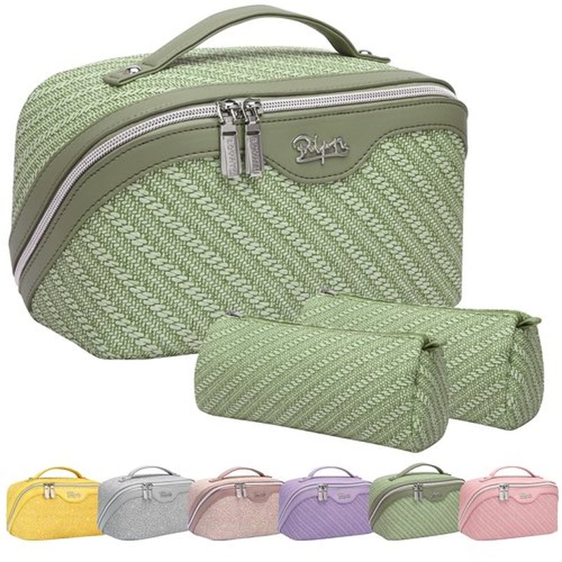 Travel Makeup Bags Cosmetic Organizer Bag: Large Capacity Make up Bag Set of 3 - Vegan Leather Toiletry Bag for Women - Portable Makeup Organizer with Compartments & Handle & Divider (3 Light Green)