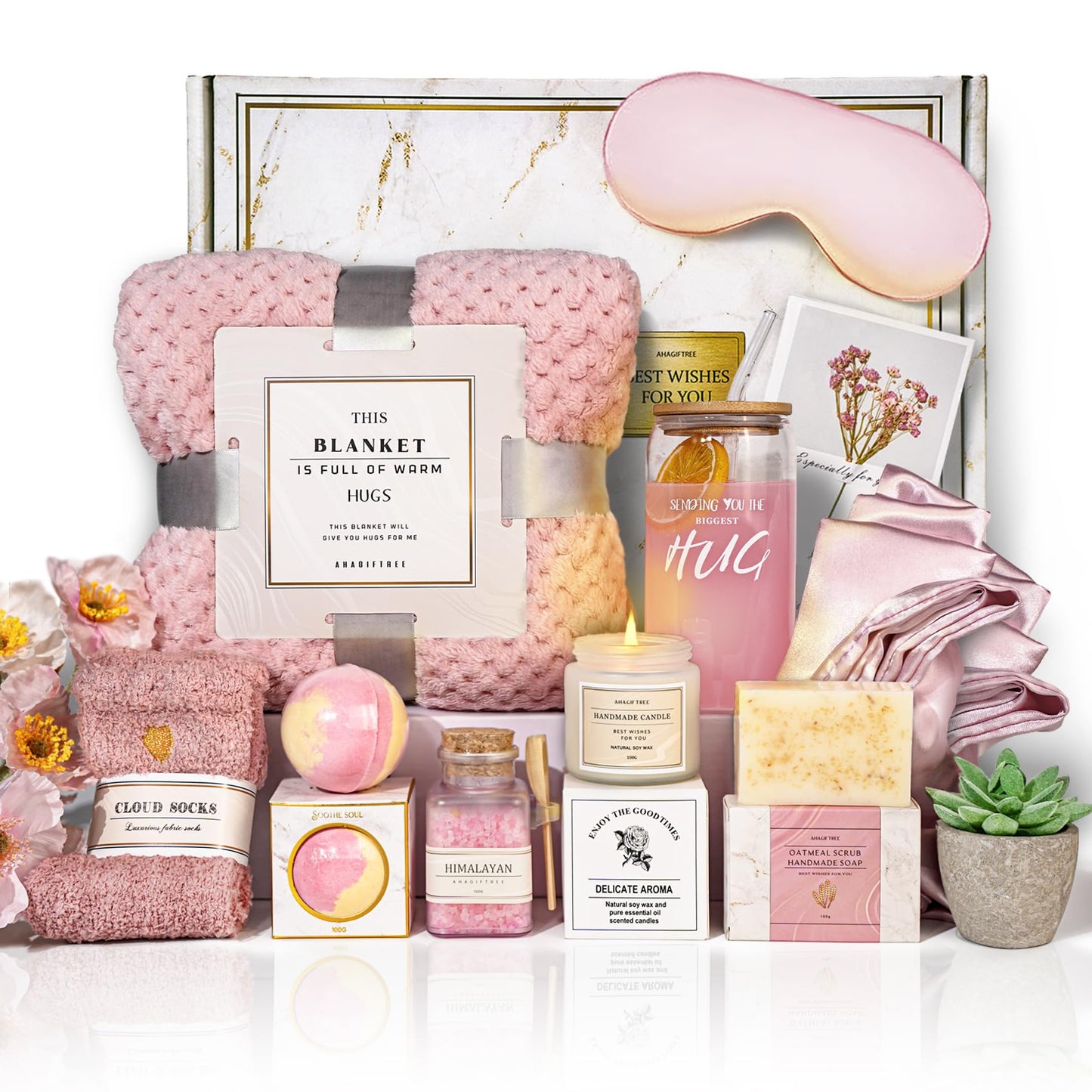 AHAGIFTREE Mother's Day Birthday Gifts Get Well Soon Gift Baskets For Women,12PC Get Well Gifts for Women After Surgery,Birthday Gifts,Care Package,Grief,Sympathy,Condolences Gift Basket (pink)