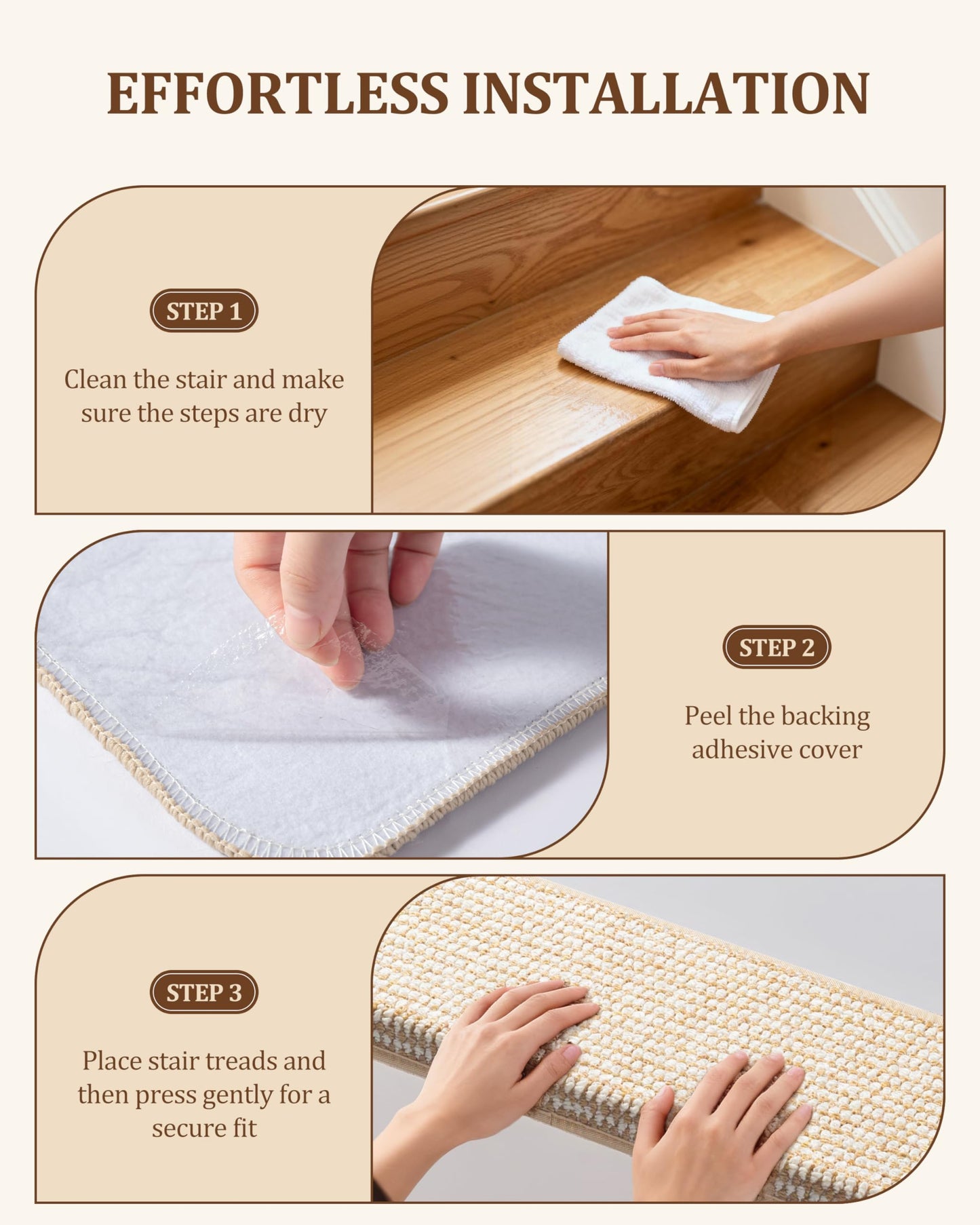 Bullnose Stair Treads for Wooden Steps: 14 Pcs Washable Non Slip Stair Ruuner Peel and Stick Adhesive Indoor Step Covers Staircase Protector 29.5"x9.5"x1.5" Beige
