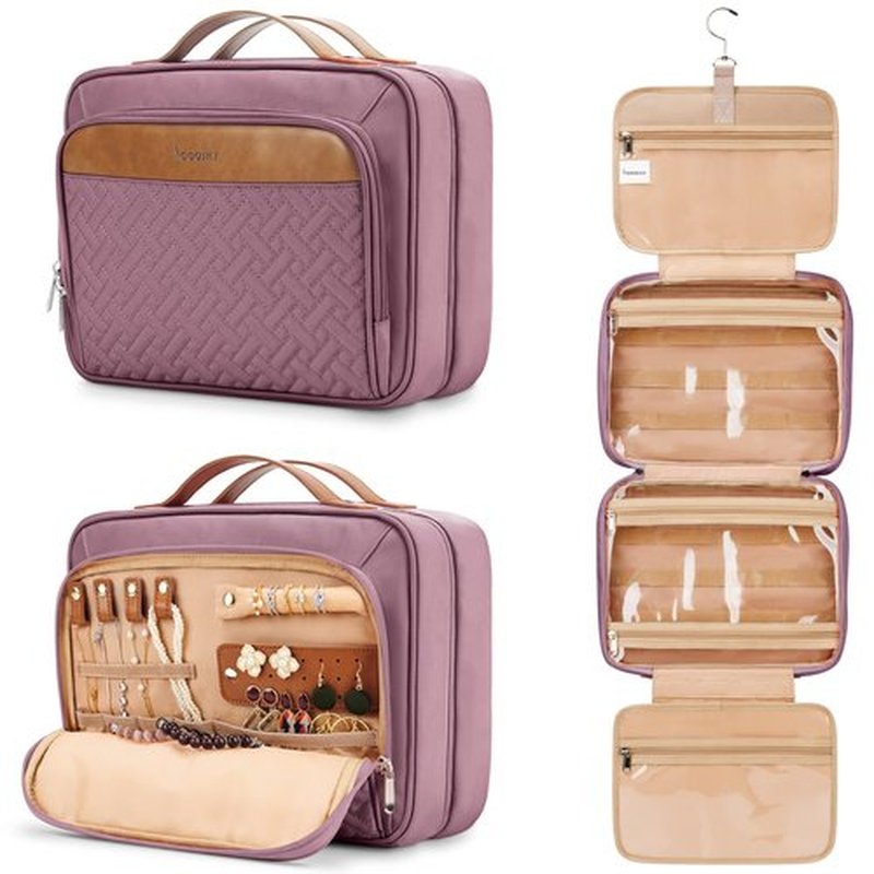 Travel Hanging Toiletry Bag for Women, Extra Large Makeup Bag, Holds Full-Size Shampoo, with Jewelry Organizer Compartment, Waterproof Cosmetic Bag, Toiletries Kit Set with Trolley Belt, Dark Purple