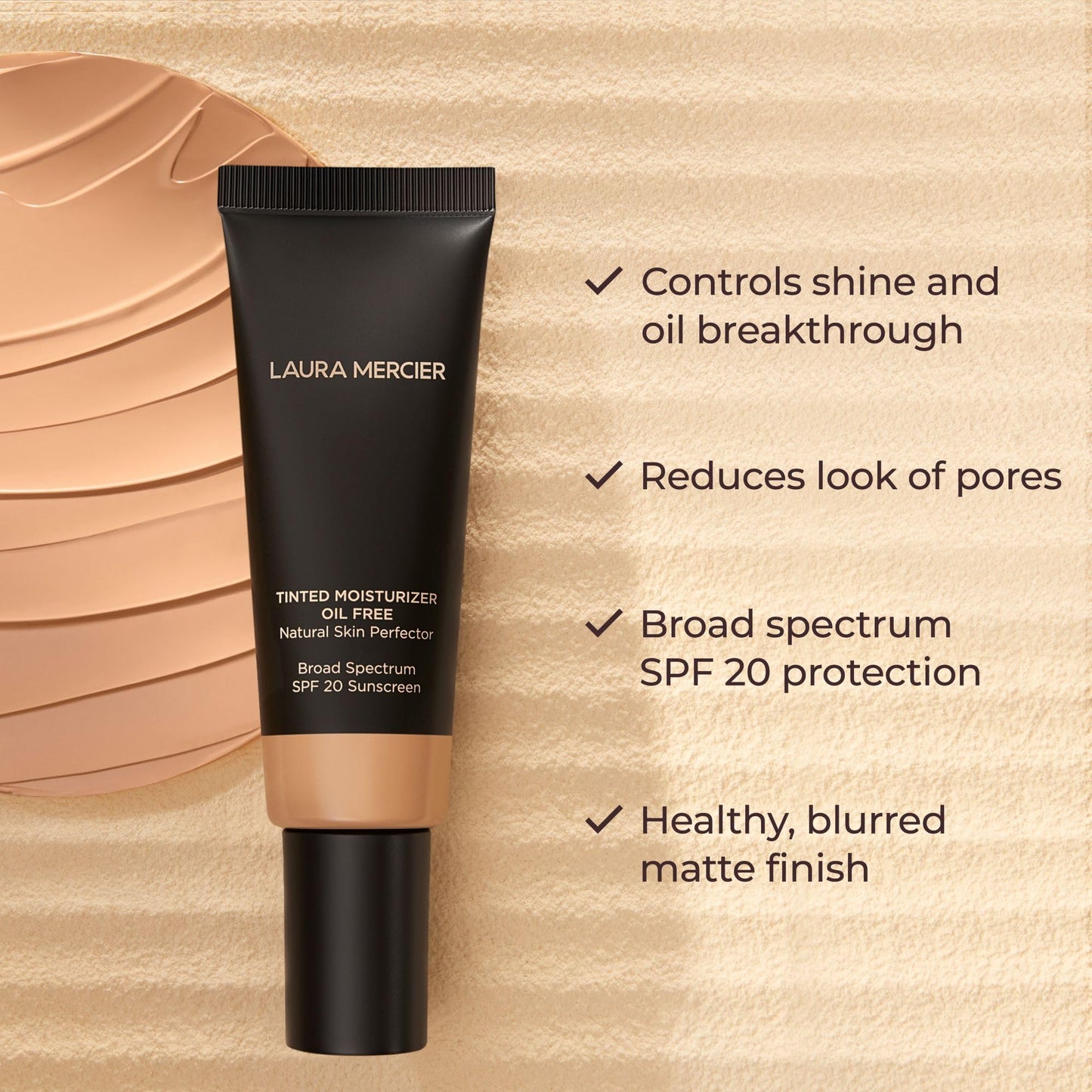 Laura Mercier Tinted Moisturizer Oil Free Natural Skin Perfector with SPF 20: All Day Shine Control, Sheer Coverage, Blurred Matte Finish, For Oily Skin, Skin Tint, Almond