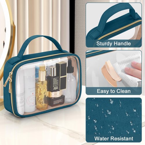 Wedama TSA Approved Toiletry Bag, 3 Pack Clear Makeup Bags with Handles, Quart Size Clear Toiletry Bags, PVC Clear Cosmetic Bags for Women and Men, Carry on Airport Airline (Til Blue, Medium)