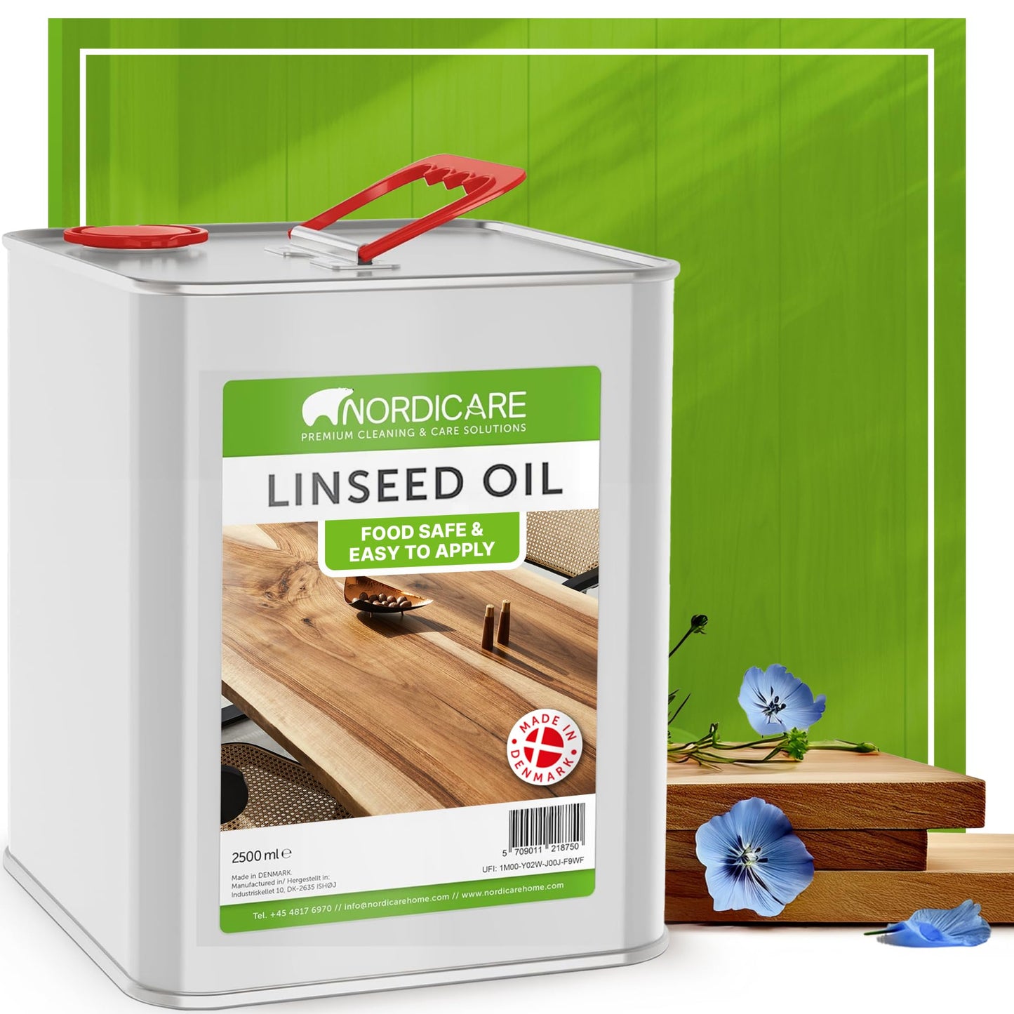 Nordicare Linseed Oil for Wood - 100% Pure & Natural Linseed Oil for Entire Indoor Area - Food-Safe Raw - Furniture - Underlines the Original Wood Structure - Made in Denmark 84.5oz