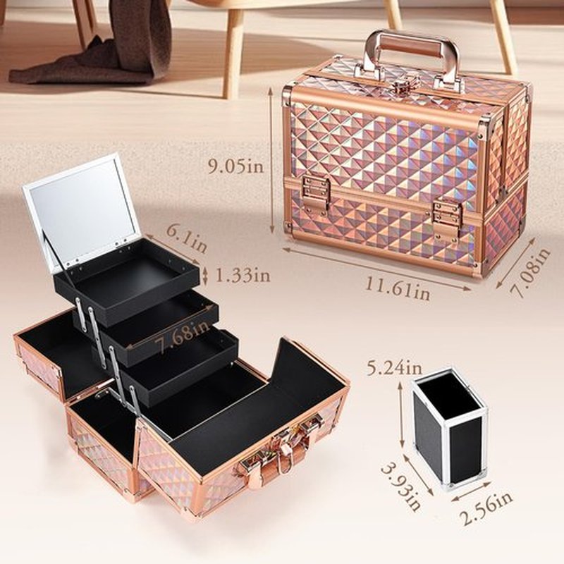 Joligrace Makeup Train Case Cosmetic Box 11.6 Inch Jewelry Organizer Professional 3 Tiers Trays with Mirror and Brush Holder Lockable Key Portable Travel - Rose Gold