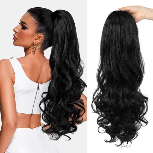 Ponytail Extension, Behufun Long Wavy Drawstring Ponytail 26" Clip in Hair Extensions Ponytail Fake Pony Tails Hair Extensions Natural Soft Heat Resistant Synthetic Hairpiece for Women Black