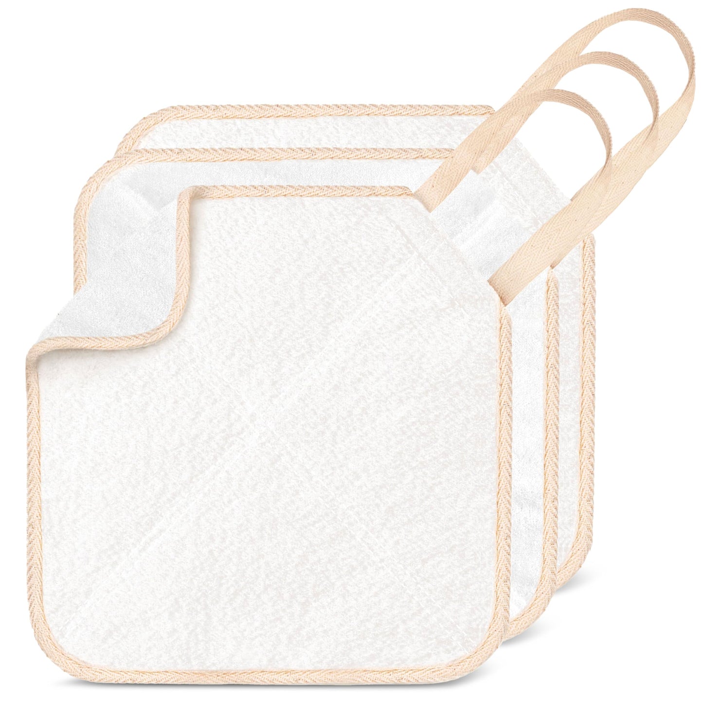 ZOMCHI Exfoliating Washcloth for Face and Body, Dual Function Wash Cloth with Soft and Rough Sides, Exfoliating Scrub Bath Towels, Washcloth with Loop (White, 3 Pack)