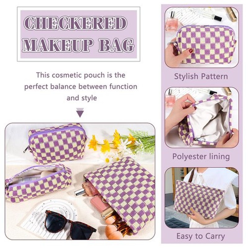 ZLFSRQ 3Pcs Checkered Makeup Bag for Women Large Cosmetic Bag Set Travel Toiletry Bag Makeup Pouch Bag for Purse Purple Zipper Storage Bag Organizer Cute Small Aesthetic Girls Car Essentials Bag