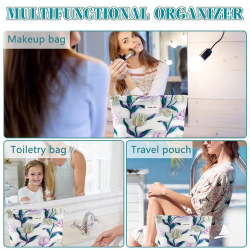 ZLFSRQ Tulip Makeup Bag Travel Cute Purple Flower Floral Cosmetic Bags for Women Large Embroidery Makeup Pouch Zipper Cosmetic Pouch for Purse Aesthetic Makeup Organizer Bag Portable Toiletry Bag