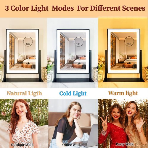 Acoolda Vanity Mirror with Lights, Hollywood Lighted Makeup Mirror with 3 Color Lighting Modes, Detachable 10X Magnification, 18.7 Inches,Black…