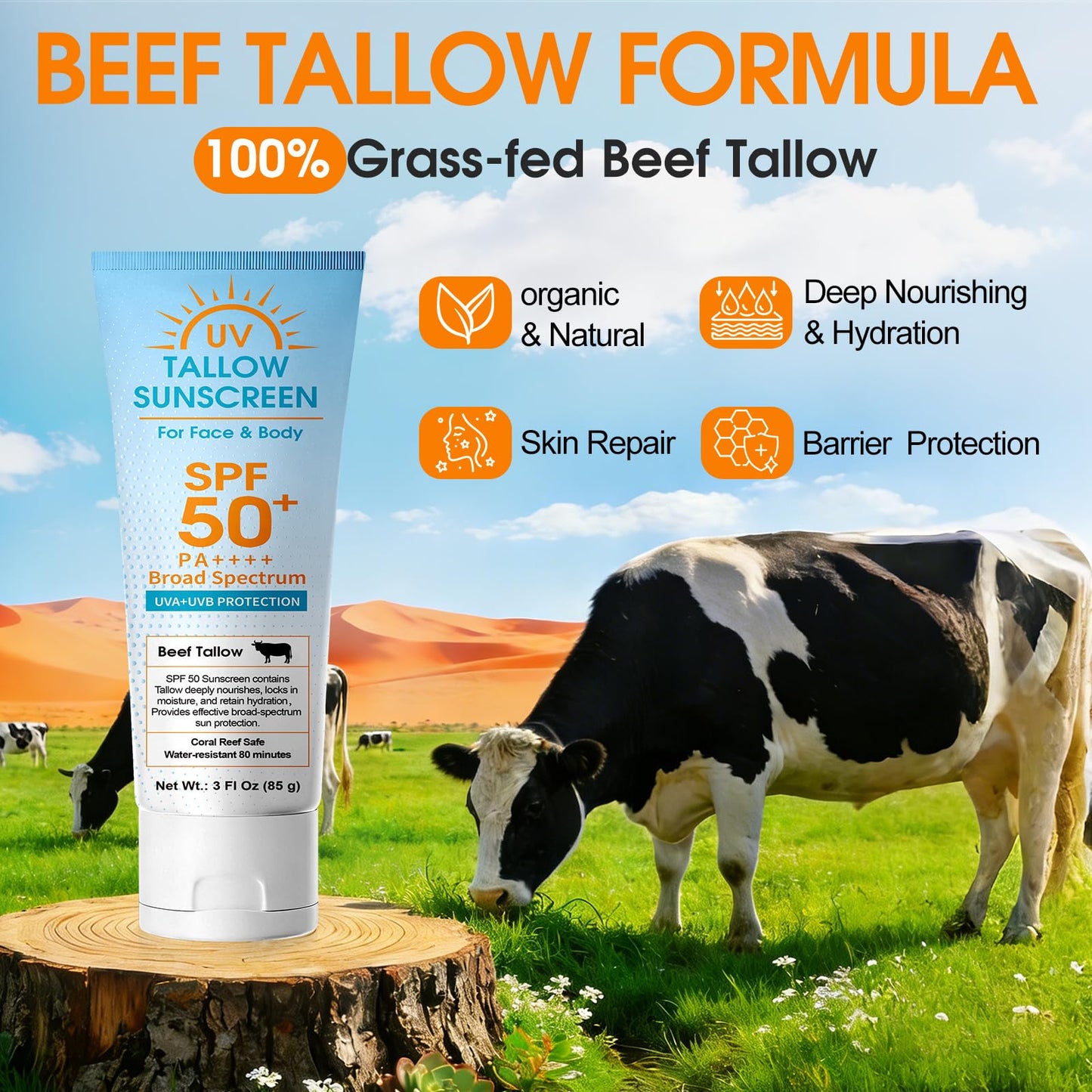 Beef Tallow Sunscreen SPF 50: Mineral Non-Nano Zinc Oxide Sunblock, Non-Greasy & Instant Protection for Face, Reef-Safe for Beach, Running & Sports, 3 Fl Oz (85g)