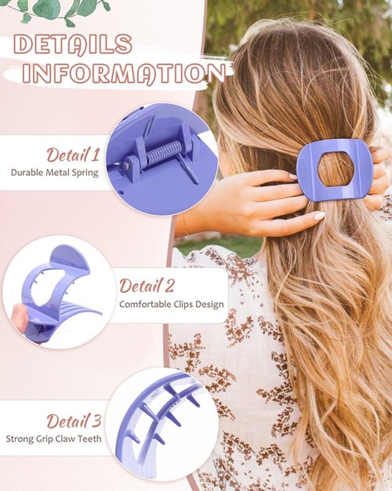 6 PCS Flat Hair Clips for Women Medium Non-slip Flat Claw Clip Strong Grip Hair Claw Clips Hair Barrettes for Thin Hair (Orange+Lavender+Pink+Ginger+Rose Red+Light Blue)