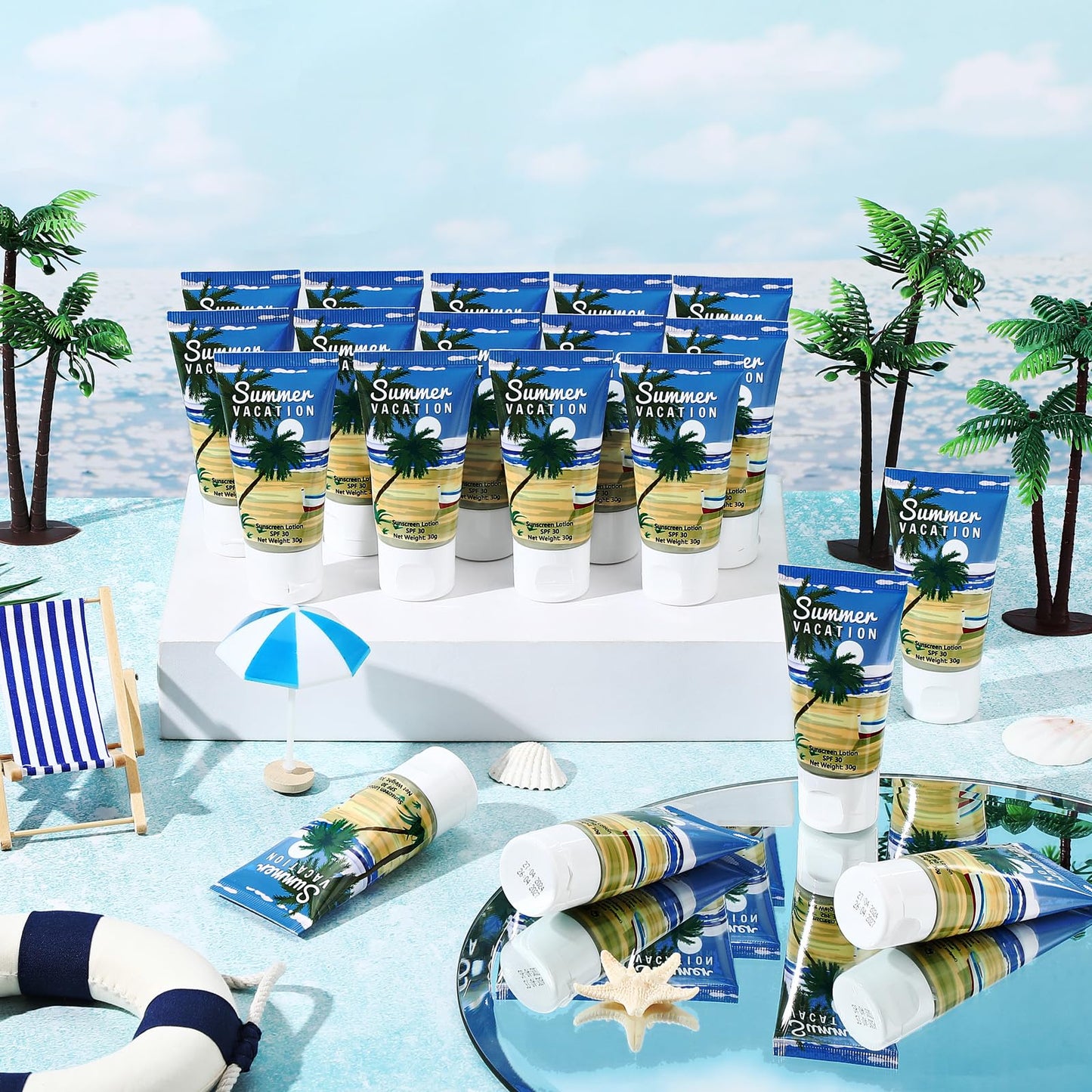 Dansib 12 Pcs Mini Sunscreen Bulk for Summer Party Wedding SPF 30 Water Resistant Sunscreen Lotion Bulk 1oz Travel Size for Thank You Gifts Wedding Supplies (Vacation Time)