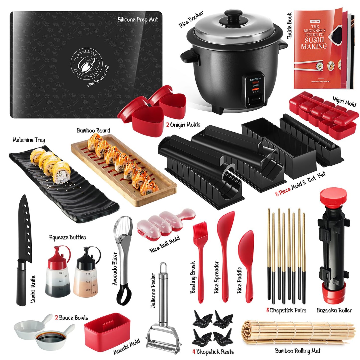 CraftZee Sushi Making Kit - Complete Sushi Maker Kit with Bazooka Roller, Rice Cooker, Onigiri, Nigiri & Musubi Mold, Rice Ball Mold, Bamboo Rolling Mat, Knife, Guide Book & More