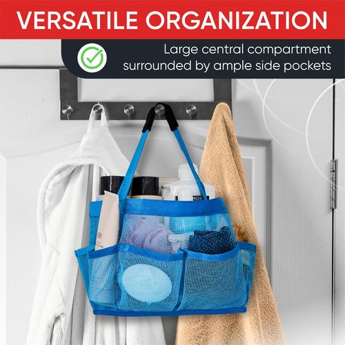 Masirs Mesh Shower Caddy Bag - Collapsible, Portable Bathroom Organizer for Travel, Gym, and Dorm Use. Easily Carry and Organize College Dorm, Bathroom Toiletry Essentials. (Blue)