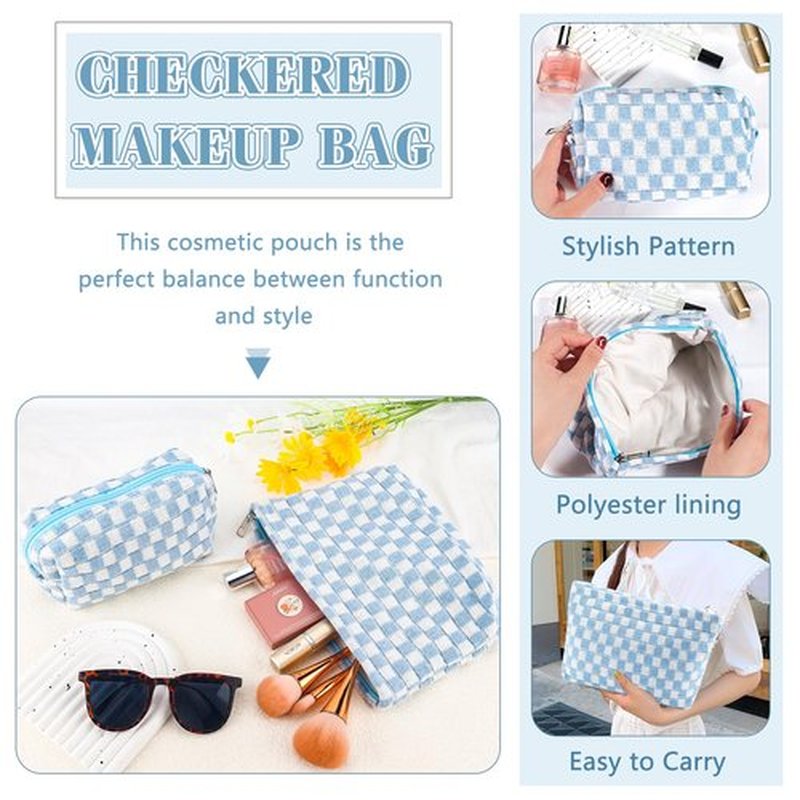 ZLFSRQ 2Pcs Checkered Makeup Bag for Women Large Cosmetic Bag Set Travel Toiletry Bag Makeup Pouch Bag for Purse Blue Zipper Storage Bag Organizer Cute Small Aesthetic Girls Car Essentials Bag