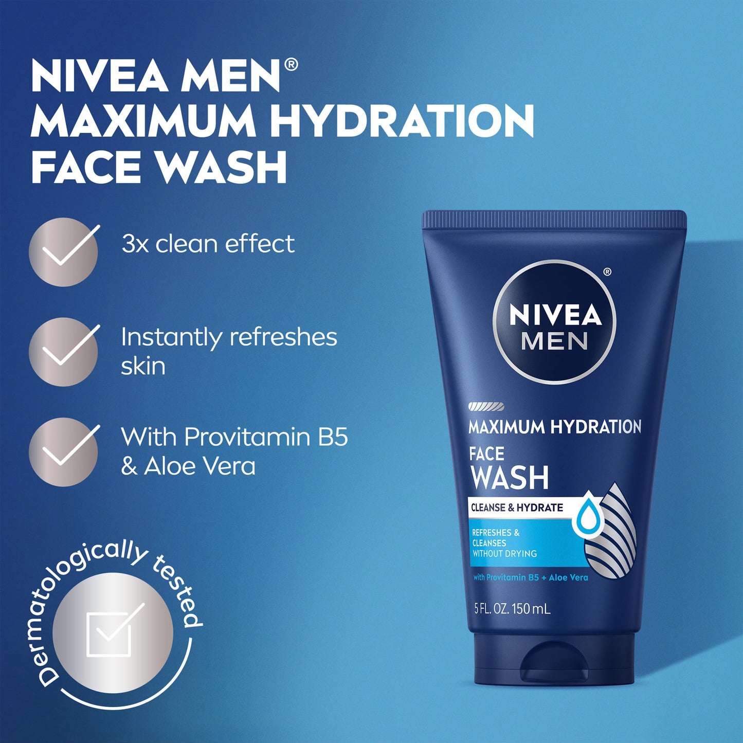 Nivea Men Maximum Hydration Face Wash, Face Wash with Provitamin B5 and Aloe Vera, Refreshes and Cleanses without Drying, 5 Fl Oz Tube (Pack of 2)