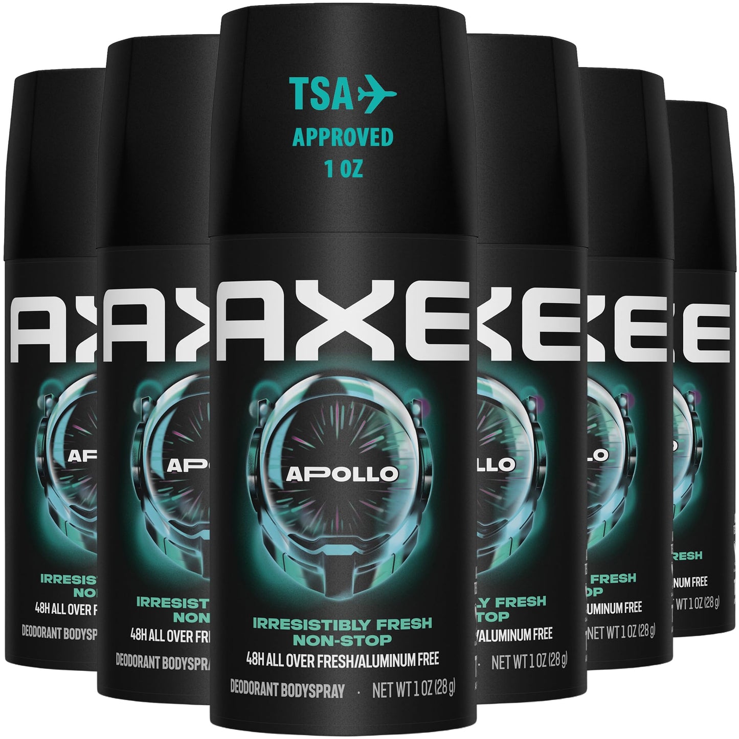 AXE Men Travel Deodorant, Aluminum-Free, Bodyspray, Apollo 6-Pack – 48H Anti-Sweat Protection, TSA-Approved Body Spray, 1 Oz Ea
