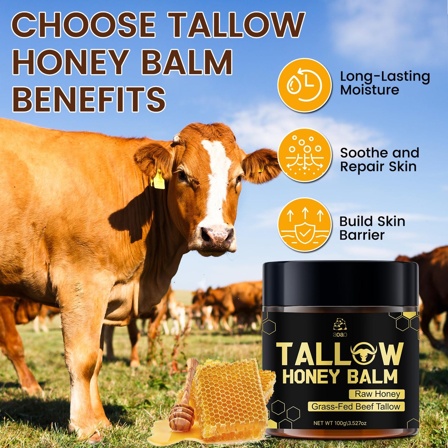Tallow Honey Balm for Face & Body, Moisturizer with Organic Grass-Fed Beef Tallow & Raw Wild Honey, Not Diluted, Natural Hydration, Soothes & Nourishes Dry, Sensitive, Cracked Skin (Tallow Honey_1)