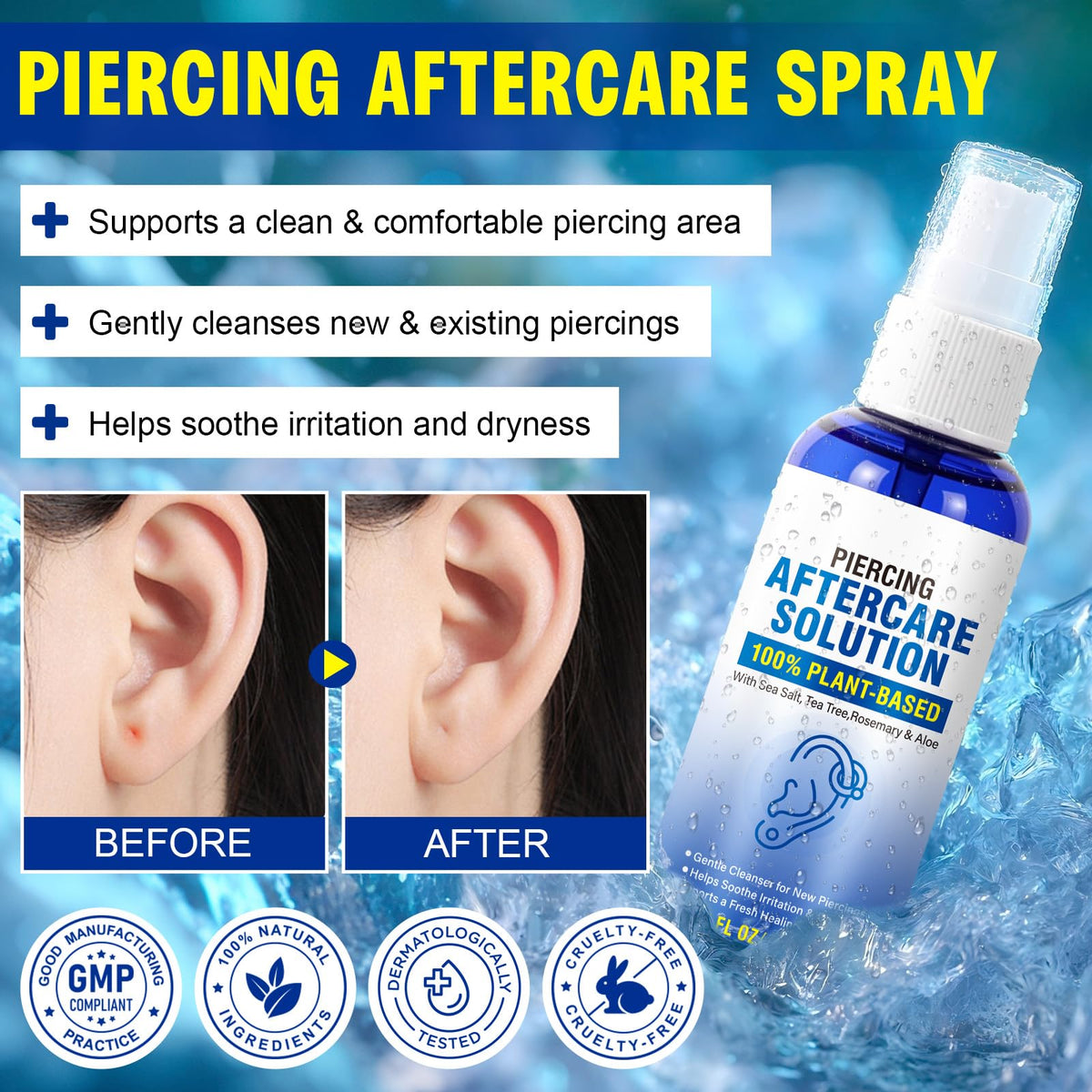 Piercing Aftercare Spray, Piercing Aftercare Solution, Sea Salt Spray for Body and Facial Piercings, Ear, Nose, Navel, Oral & Body Piercing Cleaner, Fine Mist 2 Fl Oz