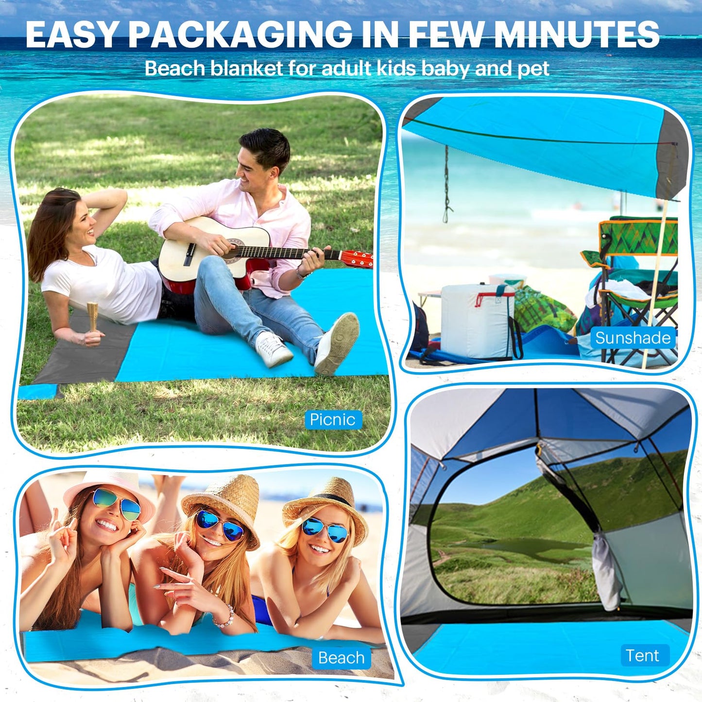 EASYFUN Beach Blanket Sandproof Oversized, 79''×83'' Extra Large Beach Mat, Portable Picnic Mat for Travel Camping Hiking, Lightweight Beach Essentials Family Water Resistant Mat