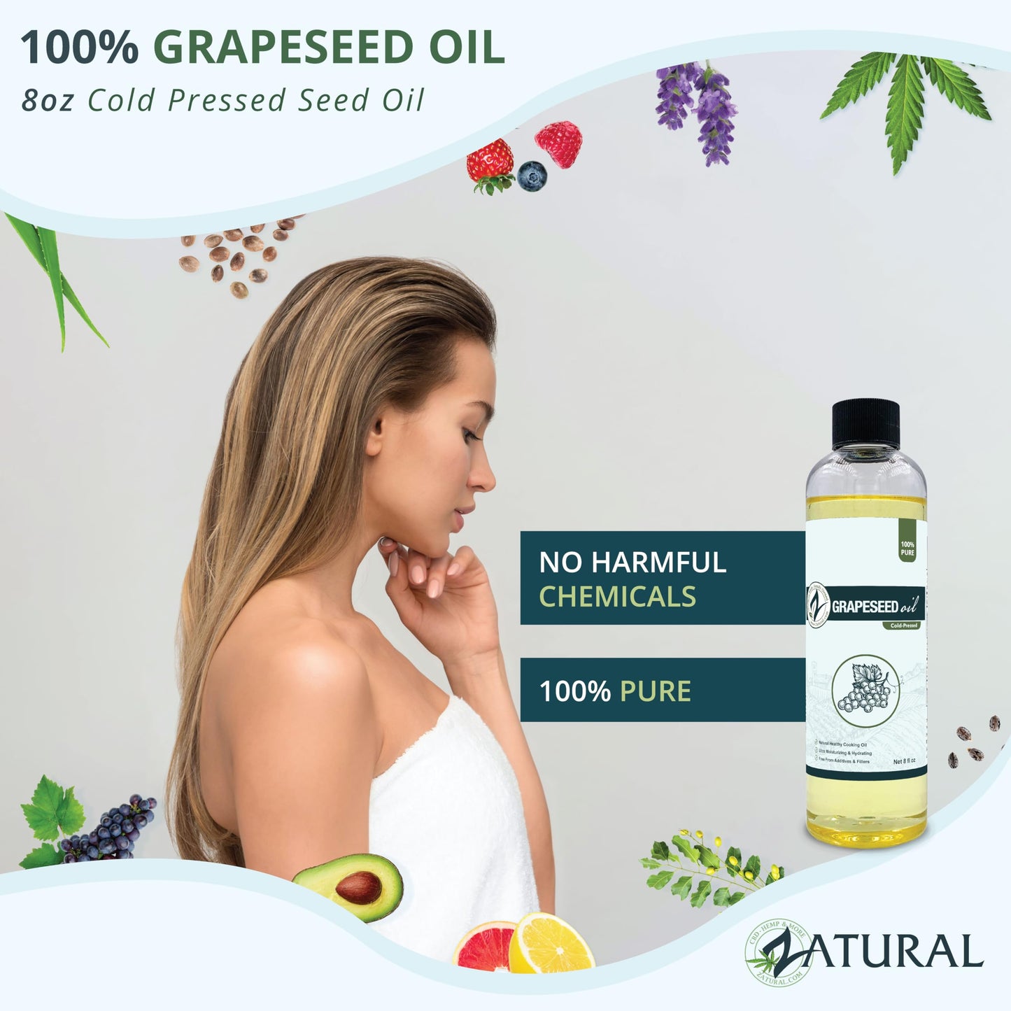 Zatural 100% Pure Cold Pressed Grapeseed Oil – Naturally Grown Virgin, High Smoke Point 450°F+, Non-GMO, Perfect for Cooking Frying Baking, Dressings Marinades & Skincare Hair (8 Fl oz)