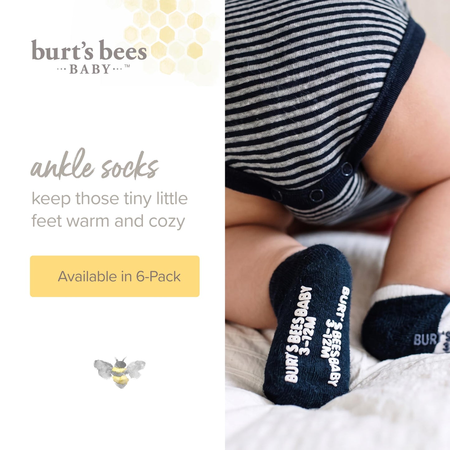 Burt's Bees Baby Organic Ankle & Crew Socks with Non-Slip Grips, 6-Pack