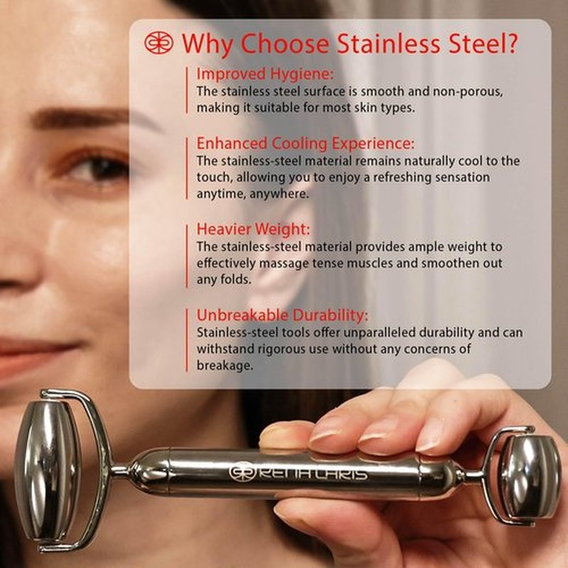 Rena Chris Face Roller & Gua Sha Set, Stainless Steel Massage Tools for Jawline Sculpting and Puffiness Reducing, Beauty & Skincare