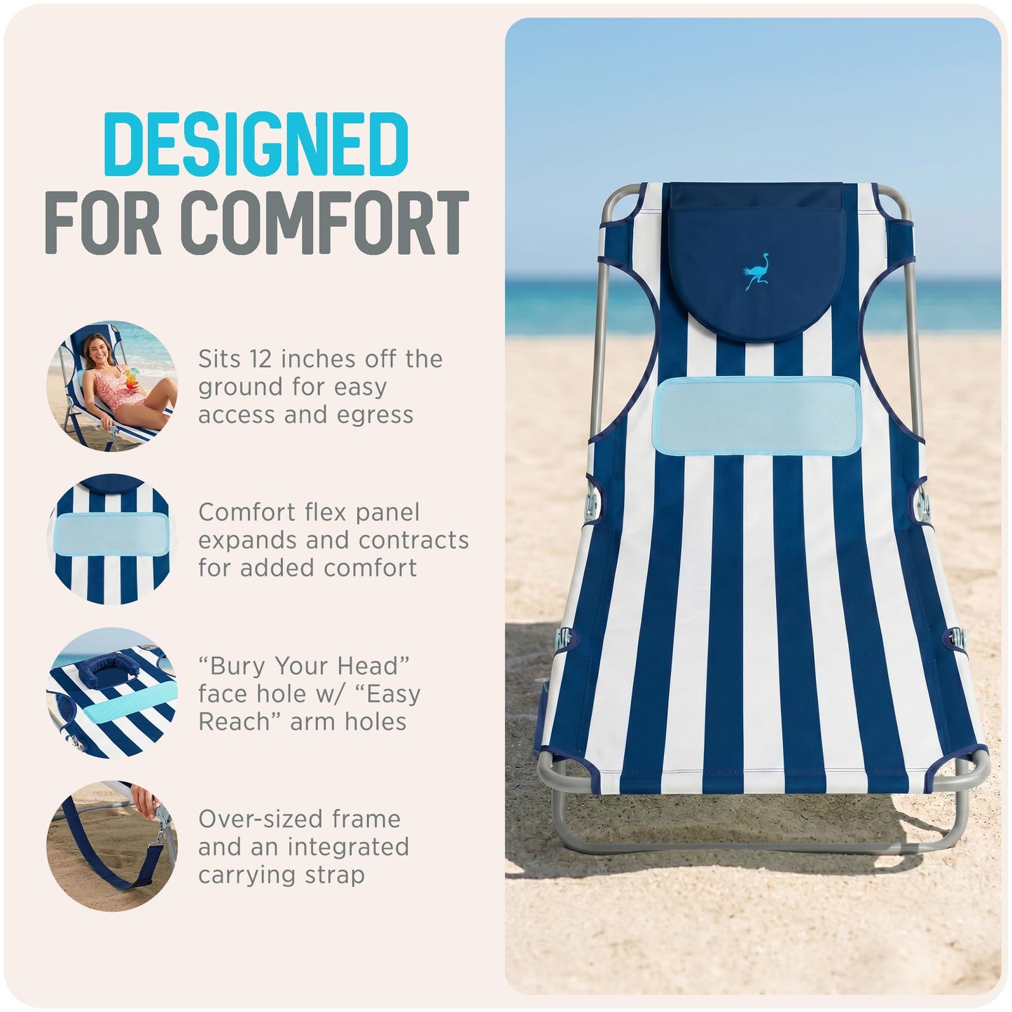Ostrich the Ladies Comfort Lounger with Chest Support, Foldable & Portable Reclining Outdoor Patio Beach Lawn Camping Pool Tanning Chair, Blue Stripe