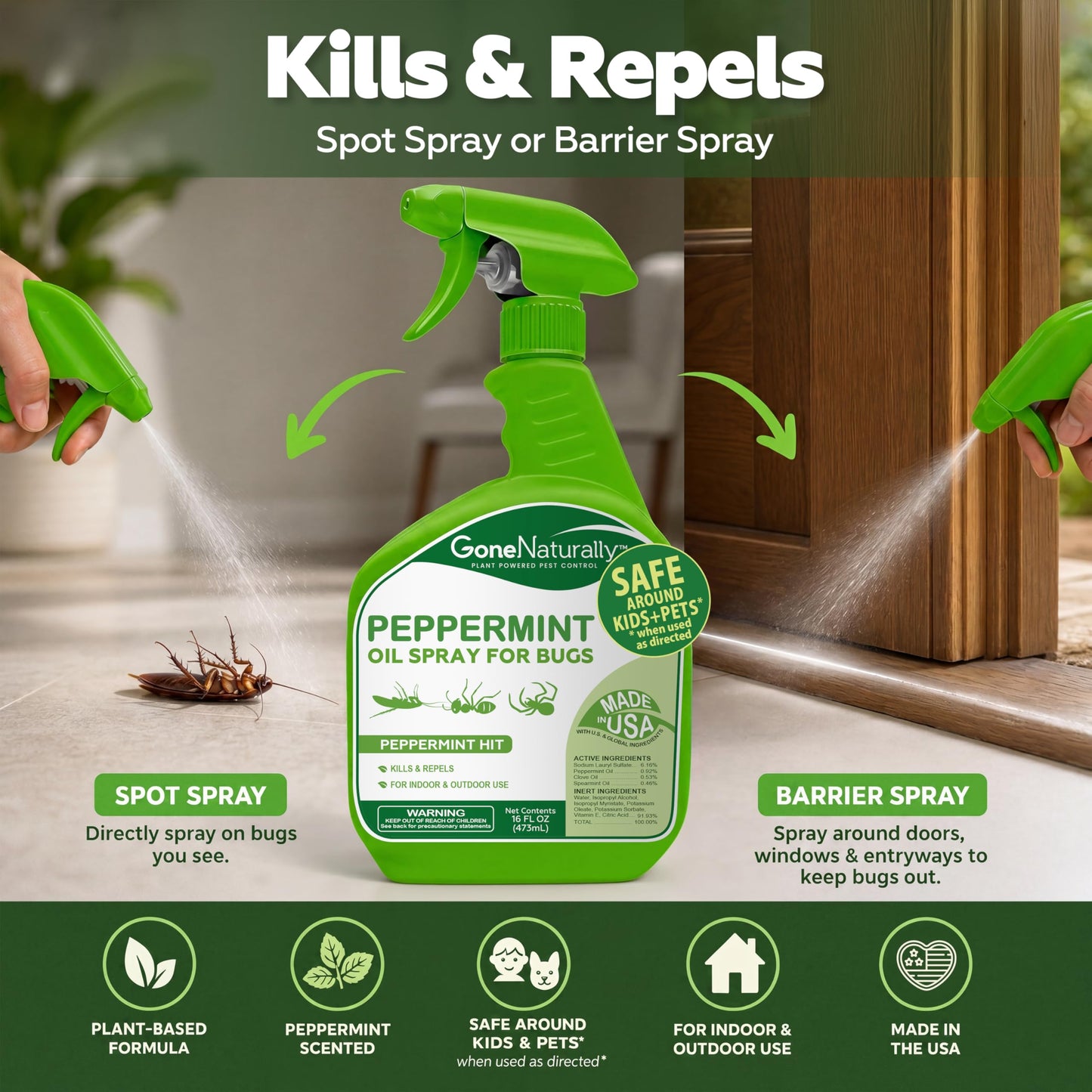 GoneNaturally Peppermint Oil Spray for Bugs– Extra Strong Insect Repellent & Bug Spray for Home– Kills & Repels Ants, Roaches, Spiders & More– Safe Around Kids & Pets– Indoor & Outdoor Use (16oz)
