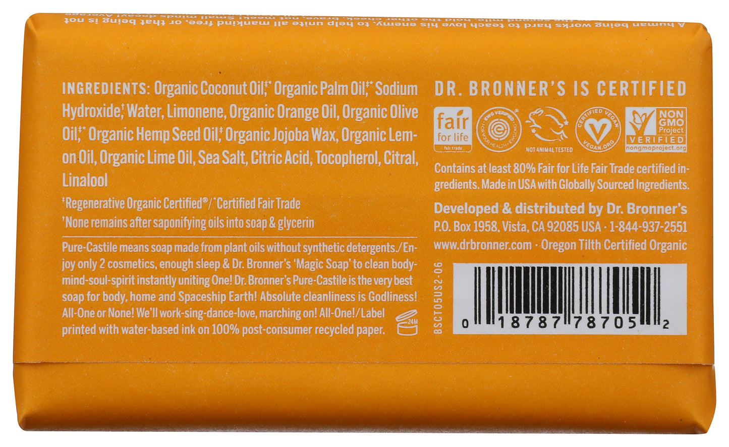 Dr. Bronner's OBCT05 All-One Hemp Citrus Orange Pure-Castile Bar Soap, 5-ounces