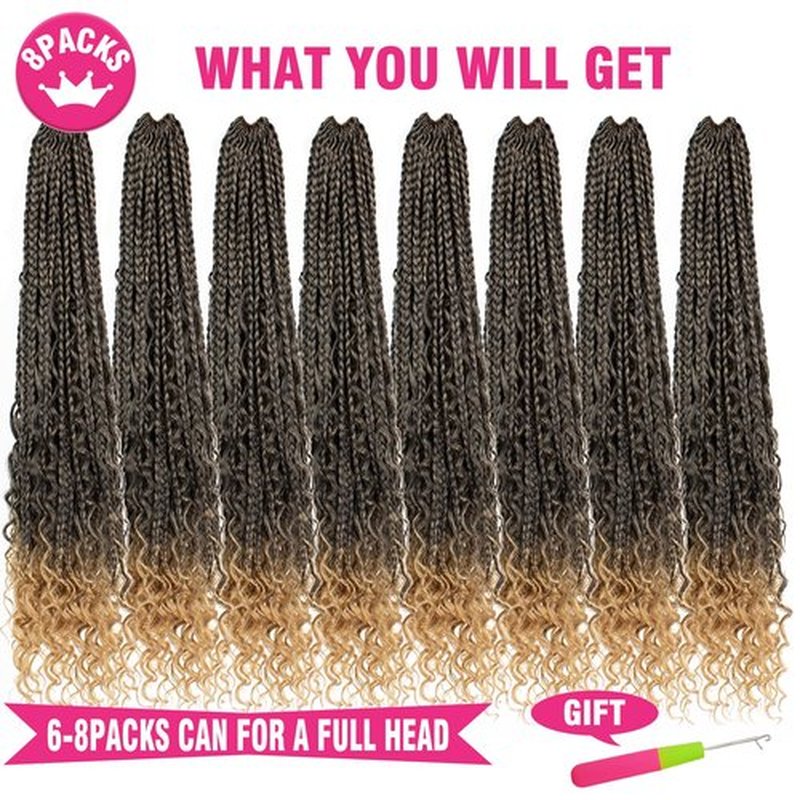 Unionbeauty 24 Inch 8 Packs Boho Box Braids Crochet Hair with Curly Ends Goddess Box Braids Hair Butterfly Bohemian Hippie Braids Pre-looped Ombre Synthetic Braiding Hair Extension for Woman T27#
