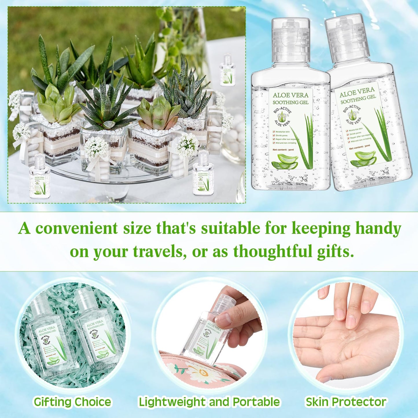 Dansib 24 Pcs Mini Aloe Vera Gel Bulk Travel Size 1oz Soothing Moisture Aloe Vera Gel for Face and Body After Sun Lotion Skin Care Sunburn Relief for Beach Summer Gifts Wedding Party Supplies(Regular)