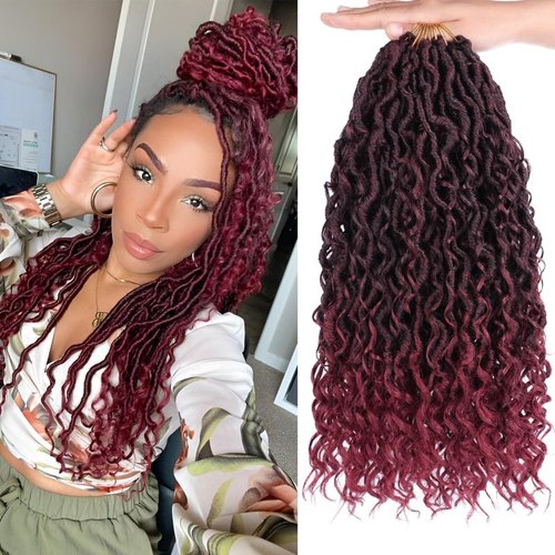COOKOO 8 Packs Goddess Faux Locs Crochet Hair Burgundy Red 14 Inch Pre Looped Goddess Locs Crochet Hair Curly Crochet Locs Hair for Black Women Boho River Locs Synthetic Hair Extensions Tbug#