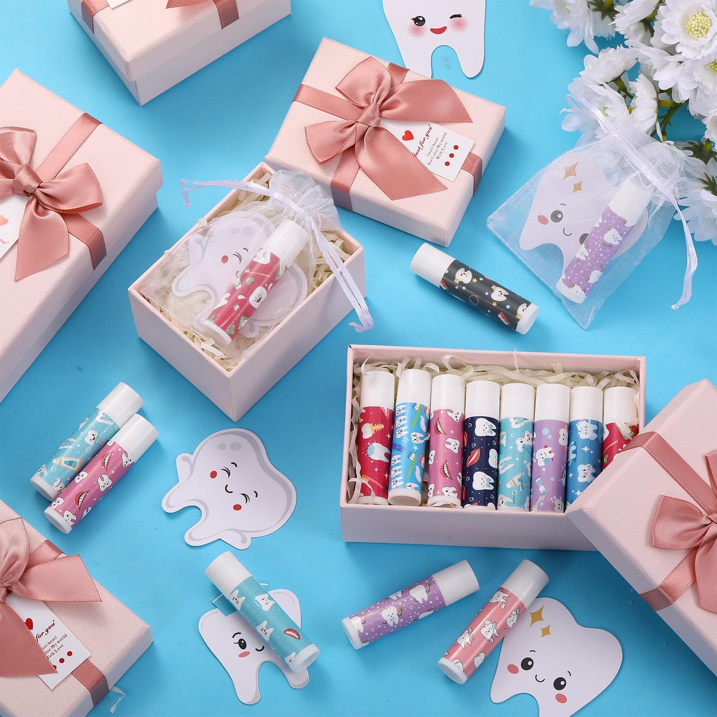 Heigble 36 Set Dental Gift Teeth Lip Balm Tooth Shape Card Organza Bag Dental Assistant Accessories Dentist Hygienist Appreciation Stuff for Women Doctor Nurse CNA Week Graduation Birthday Party Favor