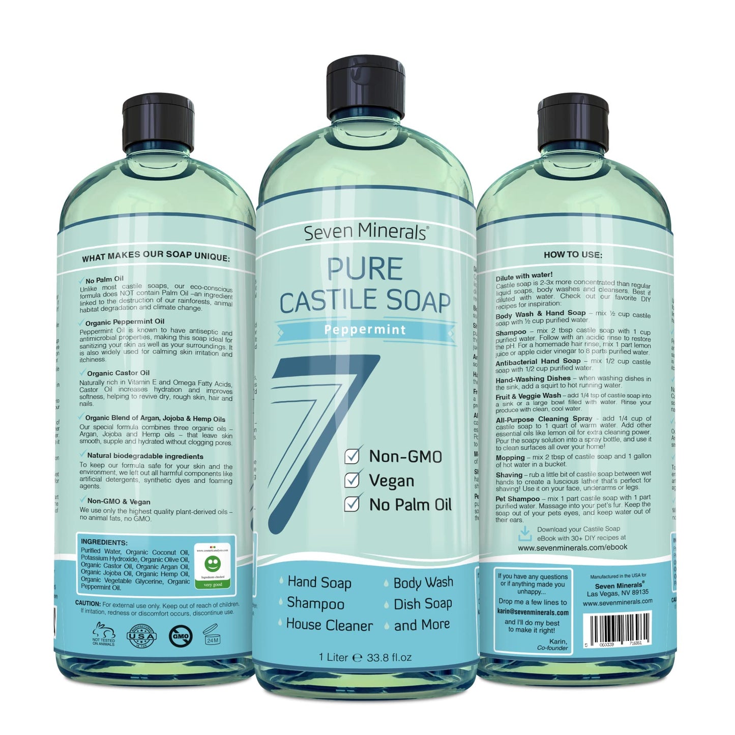 Seven Minerals Pure Castile Soap, Peppermint - No Palm Oil, GMO-Free - Gentle Liquid Soap For Sensitive Skin & Baby Wash - All Natural Vegan Formula with Organic Carrier Oils (33.8 fl oz)